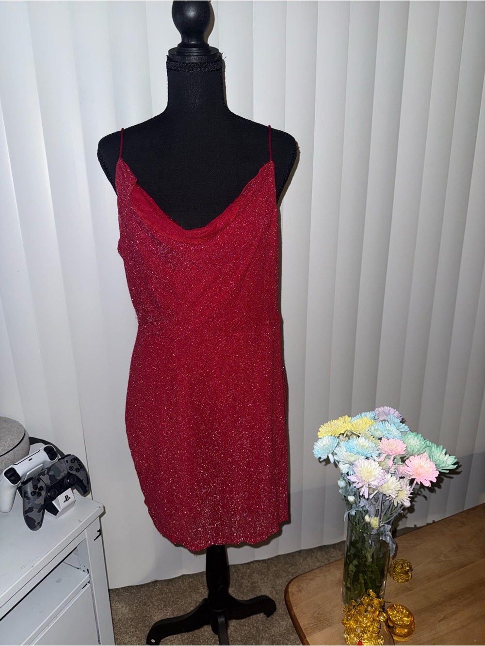 Red Sparkle Cowl Neck Slip Dress